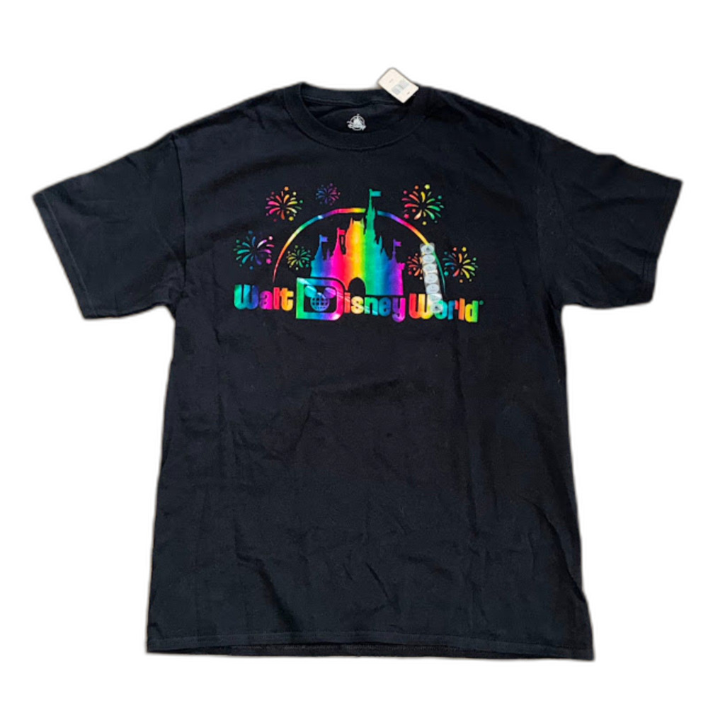 Walt Disney World T-Shirt Black Rainbow Fireworks Large 100% Cotton Adult